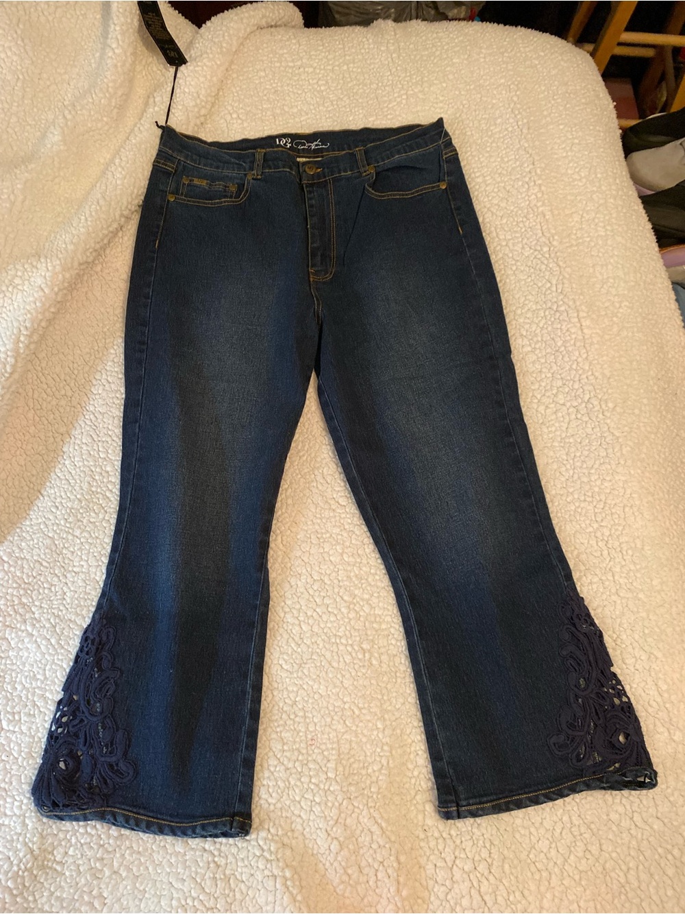 Derek Heart Dark Navy Cropped Jeans with Lace-Trim Flare